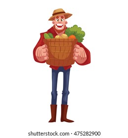 Caucasian man, standing and holding baskets of freshly harvested fruits and vegetables, cartoon style vector illustration isolated on white background. Happy man gardening concept