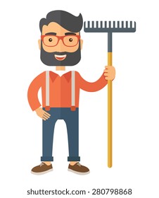A caucasian man standing holding a rake ready for gardening. A Contemporary style. Vector flat design illustration isolated white background. Vertical layout.