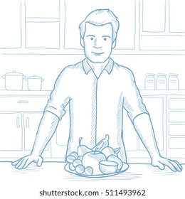 Caucasian man standing in the kitchen in front of table full of healthy food. Man with plate full of healthy food. Man eating healthy food. Hand drawn vector sketch illustration on white background.