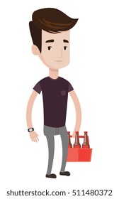 Caucasian man standing with pack of beer. Young man buying pack of beer. Beer lover holding pack of beer. Vector flat design illustration isolated on white background.