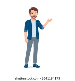 Caucasian Man Standing and Presenting with Open Palm in Full Body Illustration Style Isolated