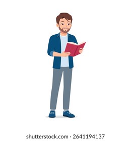 Caucasian Man Standing Reading a Book in Casual Clothes, Smiling Expression in Full Shot