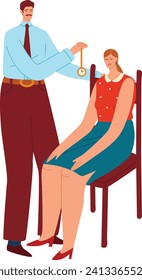 Hombre caucásico parado usando un reloj de bolsillo, mujer sentada en una silla sonriendo, ropa informal. Concepto de manejo del tiempo e ilustración de vector de puntualidad.