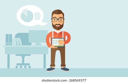 A Caucasian man standing while his hand pointing to the tablet to do his office presentation with the schedule of financial market. Business concept.  A contemporary style with pastel palette, soft