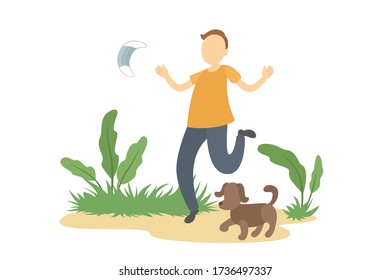 Caucasian man stroll outdoors and take off medical mask. Lockdown ending. Vector illustration.