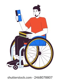 Caucasian man student with disability 2D linear cartoon character. Wheelchaired european male with books isolated line vector person white background. Inclusion color flat spot illustration