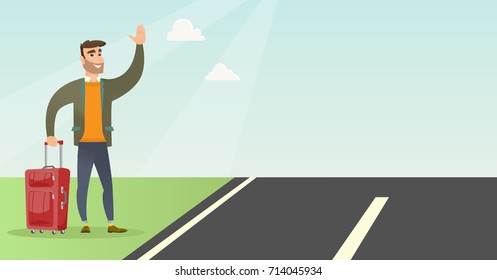 Caucasian man with suitcase hitchhiking on the roadside. Hitchhiking man trying to stop a car on a highway. Man catching a taxi car by waving his hand. Vector cartoon illustration. Horizontal layout.