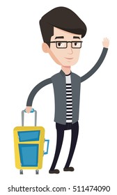 Caucasian man with suitcase hitchhiking. Hitchhiking man trying to stop a car on a highway. Young man catching taxi car by waving hand. Vector flat design illustration isolated on white background.