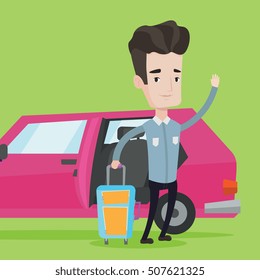 Caucasian man with suitcase standing on the background of open car door. Man traveling by car. Man waving in front of car. Man going to vacation by car. Vector flat design illustration. Square layout.