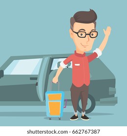 Caucasian man with suitcase standing on the background of open car door. Man traveling by car. Man waving in front of car. Man going to vacation by car. Vector flat design illustration. Square layout.