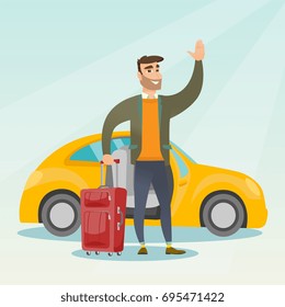 Caucasian man with suitcase standing on the background of car with open door. Young happy man waving in front of car. Cheerful man going on vacation by car. Vector cartoon illustration. Square layout.