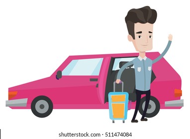 Caucasian man with suitcase traveling by car. Happy traveller waving in front of a car. Cheerful traveller going to vacation by car. Vector flat design illustration isolated on white background.