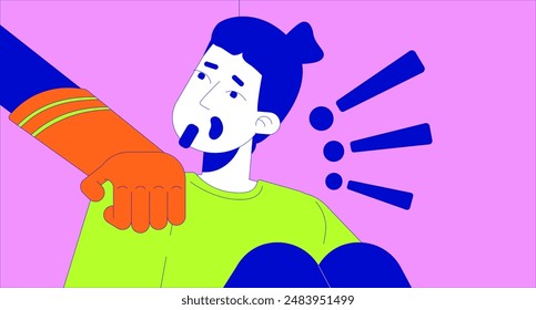 Hombre caucásico sorprendido por el hombro inesperado que toca el concepto de ilustración lineal 2D. Hombre europeo irritado por la interrupción de fondo de escena de dibujos animados. Emociones metáfora abstracta Vector plano gráfico