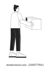 Caucasian man taking parcel flat line black white vector character. Editable outline full body person. Express delivery simple cartoon isolated spot illustration for web graphic design