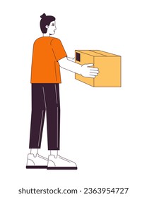 Kaukasischer Mann, der ein Paket flach Linie Farbe Vektorsymbol. Bearbeitbare Umrisslinie Vollkörper auf Weiß. Express-Lieferung einfache Cartox-Spot-Illustration für Web-Grafik-Design