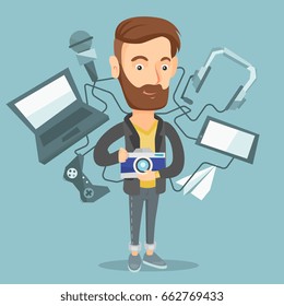 Caucasian man taking photo with digital camera. Young man surrounded with gadgets. Man using many electronic gadgets. Man addicted to modern gadgets. Vector flat design illustration. Square layout.