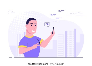 Caucasian Man Taking Selfie on Smartphone. Big City on Background. Flat Style Vector illustration