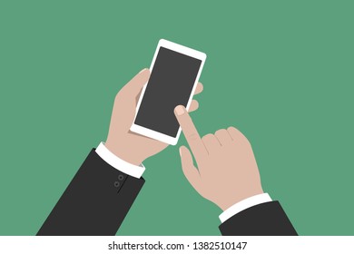 Caucasian man tapping smartphone screen. Vector illustration.