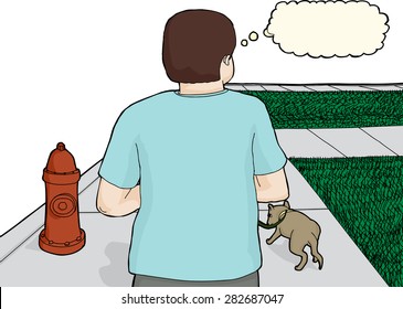 Caucasian man with thought bubble and pet dog