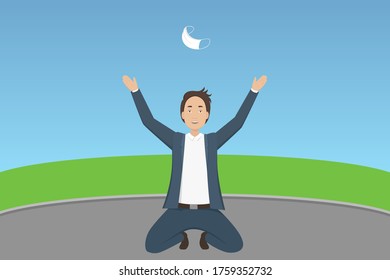 Caucasian man throw medical mask in the air. Quarantine cancellation. Vector illustration.