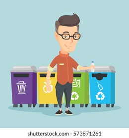 Caucasian man throwing away garbage. Man standing near four bins and throwing away garbage in an appropriate bin. Concept of garbage separation. Vector flat design illustration. Square layout.