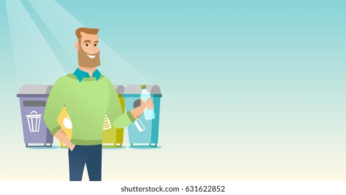 Caucasian man throwing away garbage. Man standing near four bins and throwing away garbage in an appropriate bin. Concept of garbage separation. Vector flat design illustration. Horizontal layout.