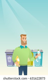 Kaukasischer Mann, der Müll wegwirft. Junge Mann, der in der Nähe von vier Mülleimer steht und Müll in einem geeigneten Behälter wegwirft. Konzept der Mülltrennung. Vektorflache Design-Illustration. Vertikales Layout.