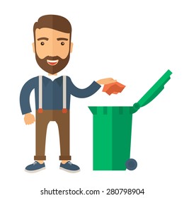 A caucasian man throwing a crumpled paper in a green garbage bin. A Contemporary style. Vector flat design illustration isolated white background. Square layout 