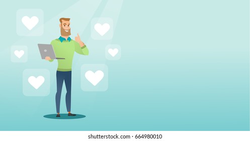 Caucasian man with thumb up standing around buttons of social media in the shape of heart. Hipster man with beard using laptop with heart icons. Vector flat design illustration. Horizontal layout.