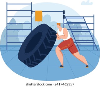 Hombre caucásico entrenando con una rueda pesada en el gimnasio. Atleta determinado haciendo entrenamiento funcional. Ilustración vectorial del ejercicio de entrenamiento de fuerza.