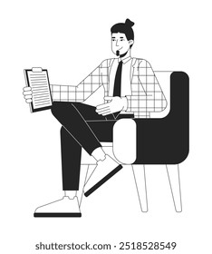 Hombre caucásico anfitrión de televisión sentado sillón relajado en blanco y negro 2D línea de carácter. Presentador de televisión barbudo chico europeo aislado Vector esbozo persona. Ilustración de punto monocromático