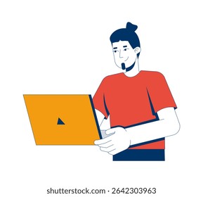 Homem caucasiano usando laptop 2D personagem de desenho animado. Estilo de vida freelance. Jogos online. Nômade digital. Freelancer gamer europeu masculino liso vetor pessoa isolada no branco. Ilustração especial colorida