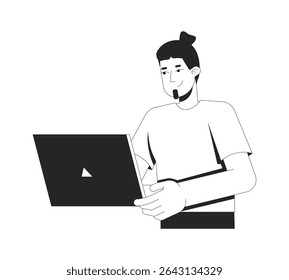 Caucasian man using laptop 2D line character. Freelance lifestyle. Online gaming. Digital nomad. Freelancer gamer european male isolated vector ink outline person. Monochromatic spot illustration