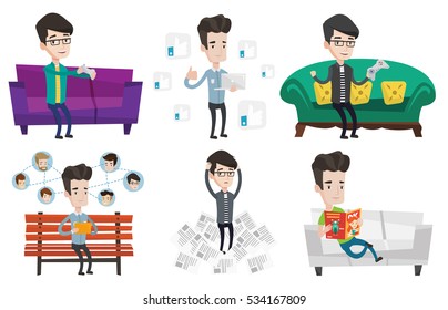 Caucasian man using a tablet computer with avatars of social network. Man surfing in the social network. Social network concept. Set of vector flat design illustrations isolated on white background.