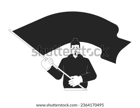 Caucasian man waving flag flat line black white vector character. Revolution. Protest march. Editable outline full body person. Simple cartoon isolated spot illustration for web graphic design
