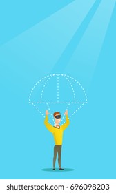 Caucasian man wearing virtual reality glasses and flying with a parachute. Young excited man in vr headset having fun while flying in virtual reality. Vector cartoon illustration. Vertical layout.