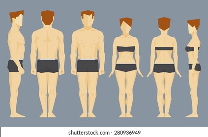 Caucasian man and white woman bodies front, back and profile. Vector infographics illustration