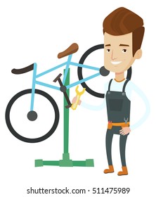 Caucasian man working in bike workshop. Technician fixing bike in repair shop. Bike mechanic repairing bike. Man installing spare part bike.Vector flat design illustration isolated on white background