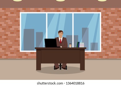 Caucasian man working in his office. Vector illustration.