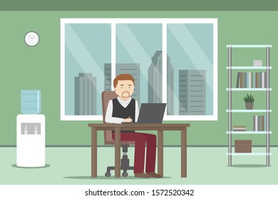 Caucasian man working on computer in office. Vector illustration.