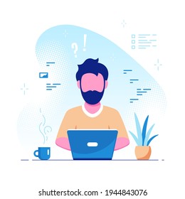 Caucasian man working on laptop, flat design vector