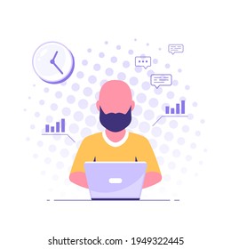 Caucasian man working on laptop, flat design vector