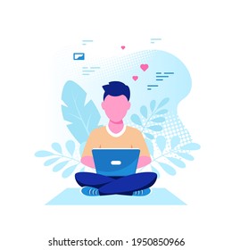 Caucasian man working on laptop, flat design vector