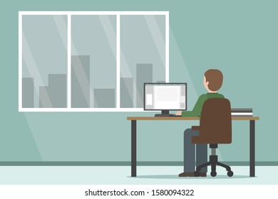 Caucasian man working on PC in office. Vector illustration.