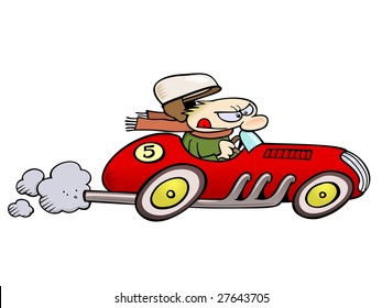 Caucasian Man's Crash Helmet Flying Off As He Races A Vintage Red Race Car. This Is A RGB Vector Image With White Outlines On A Separate Layer, Making It Look Good When Placed On A Dark Background.