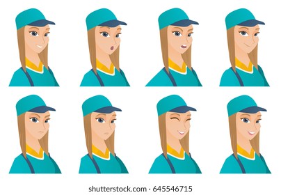 Caucasian mechanic with sad facial expression. Portrait of a sad young mechanic. Set of mechanic with different facial emotions. Set of vector flat design illustrations isolated on white background.