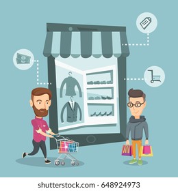 Caucasian men doing online shopping. Men using mobile shopping. People walking in the store that looks like a tablet computer. Online shopping concept. Vector flat design illustration. Square layout.