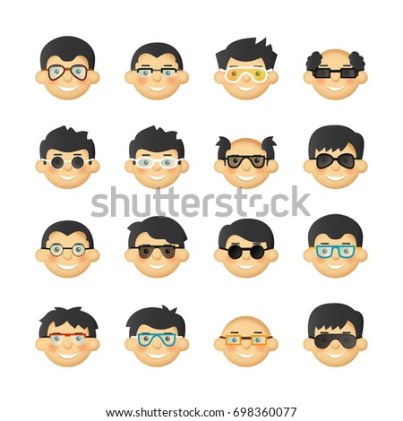 Caucasian men head avatar icon set with eyeglasses and rosy cheeks.