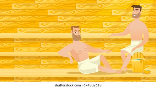 Caucasian men relaxing in a sauna. Relaxed men sitting in a sauna. Friends in towels resting in a sauna. Concept of body care and spa treatments. Vector flat design illustration. Horizontal layout.