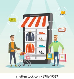 Hombres caucásicos caminando en la tienda que parece una tableta. Jóvenes felices haciendo compras en línea. Hombres hipster usando compras móviles. Ilustración de diseño plano vectorial. Diseño cuadrado.